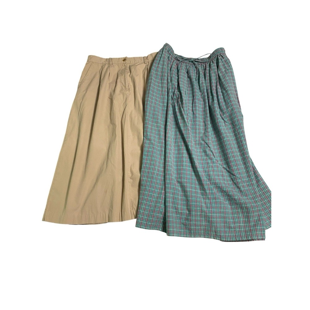 Lot of 2 Vintage Orvis Midi Skirts Womens 10/M Khaki Canvas Plaid Cotton A-Line